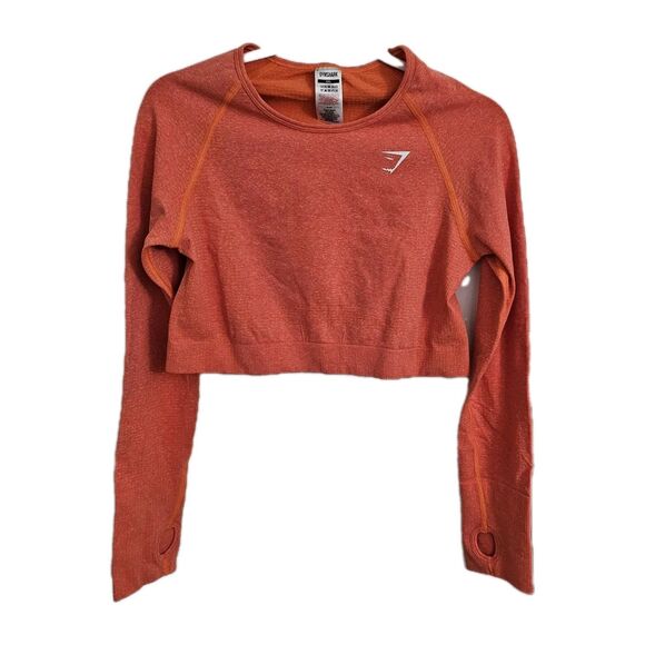 GYMSHARK Vital T-Shirt Women XXL Red-Orange Long Sleeve Crop Thumb Hole Seamless - Picture 1 of 10